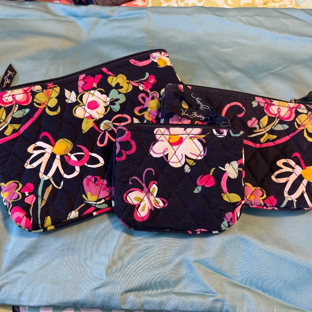 Vera Bradley, 3 cosmetic bags. Navy, pink, white.